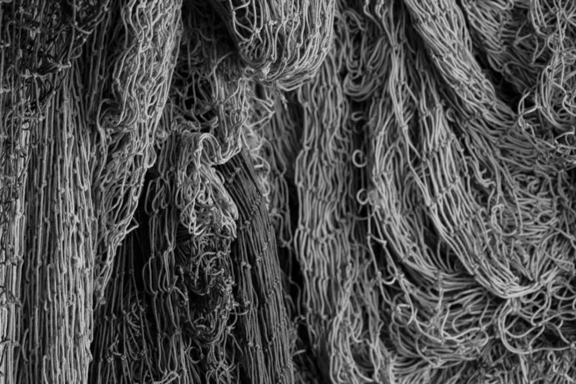 black and white image of fishing nets