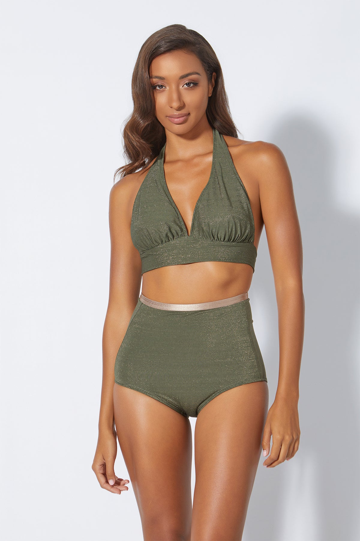 Bellina Halter Bikini Top in green stripe by Kōraru