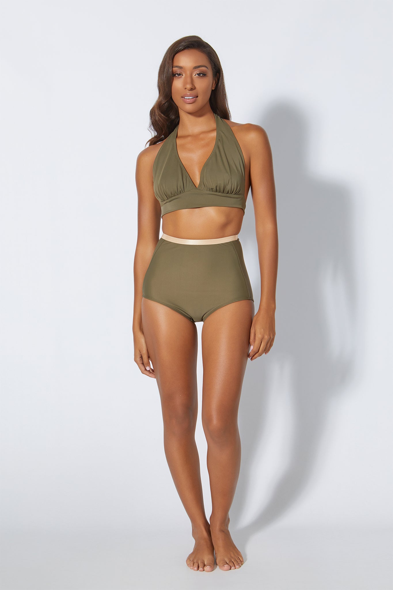 high-rise olive green bikini bottoms