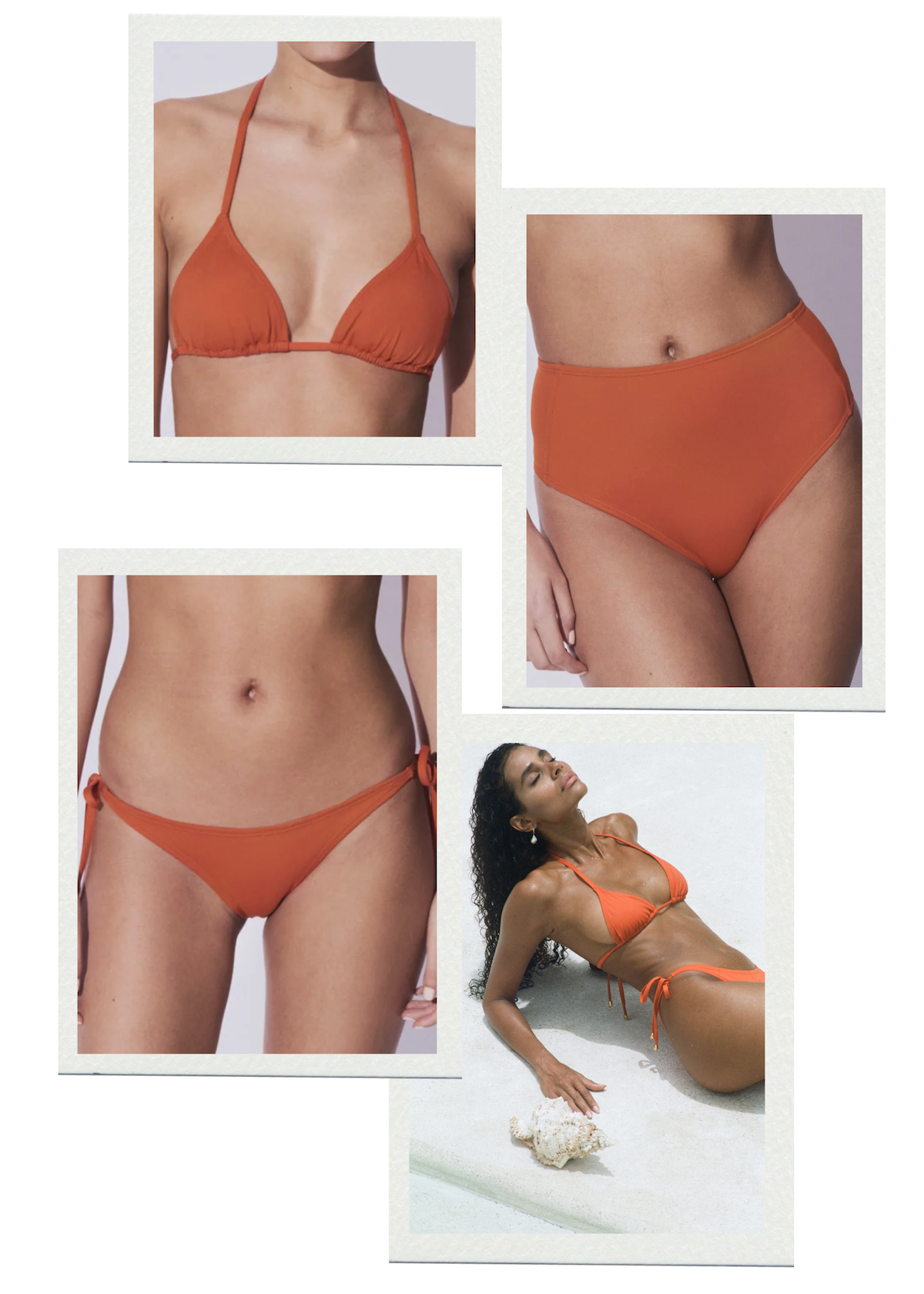 entice bikini bundle collage with one top in zesty orange and two bottoms in the same shade
