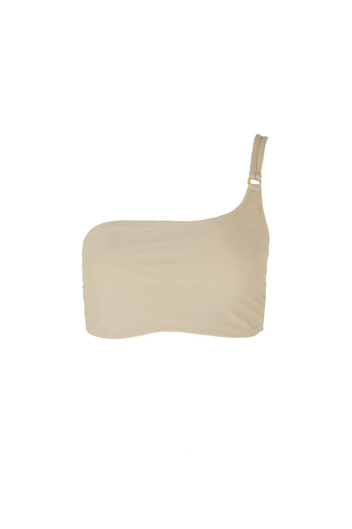 Annie one shoulder bandeau bikini top in beige from sustainable luxury swimwear brand Koraru