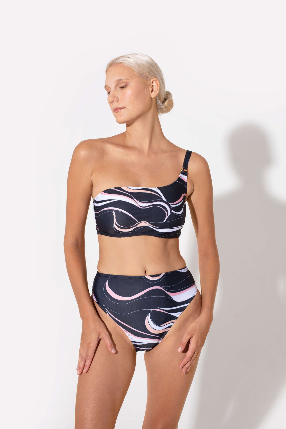 Annie One Shoulder Bandeau Bikini Top in coral print by Kōraru