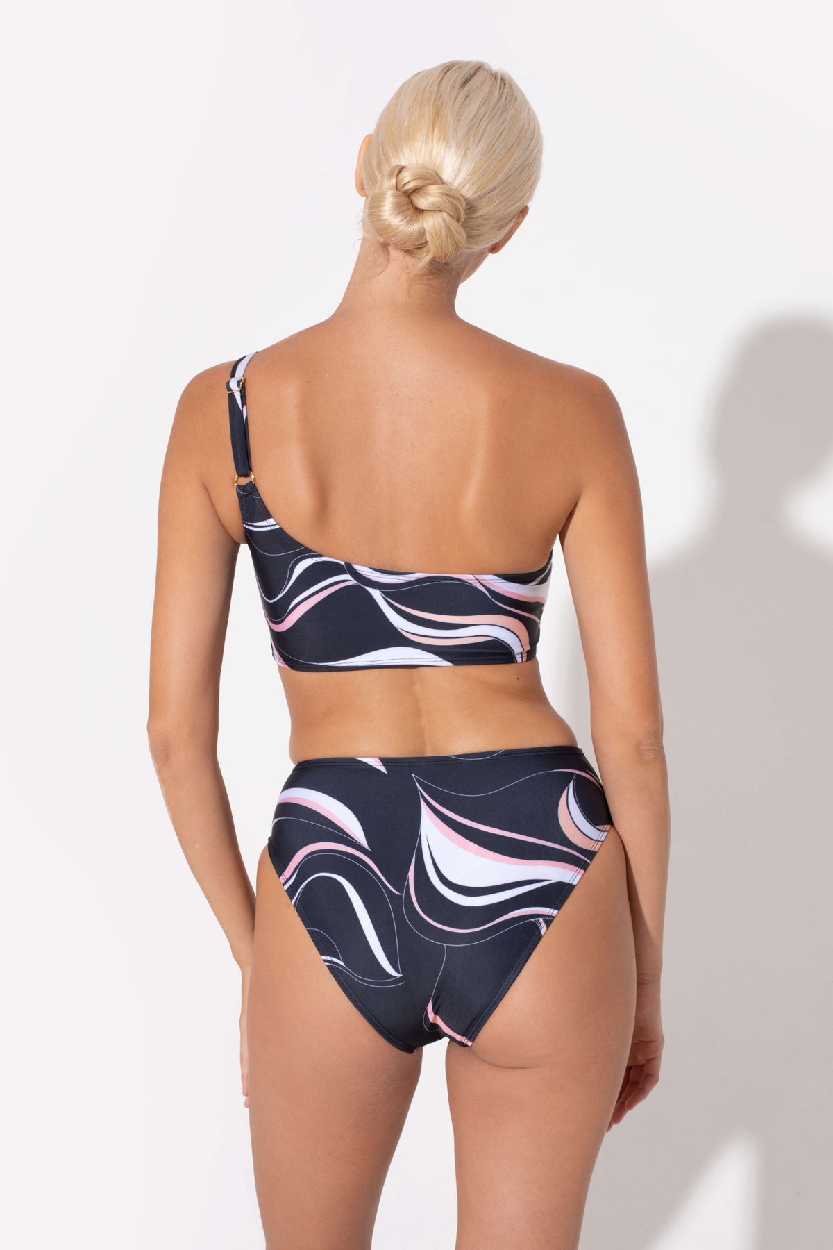Annie One Shoulder Bandeau Bikini Top in coral print by Kōraru