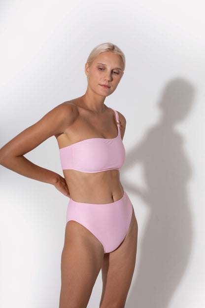 Best sustainable swimwear Koraru presents pink bandeau bra made from soft and high quality materials
