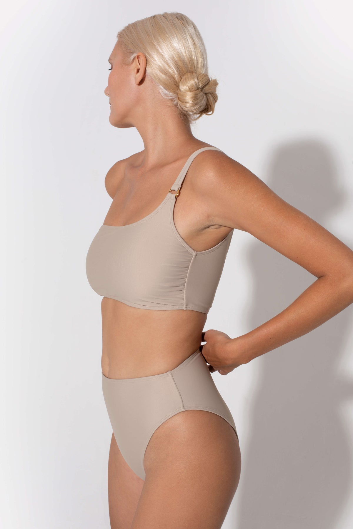 Annie One Shoulder Bandeau Bikini Top in beige by Kōraru
