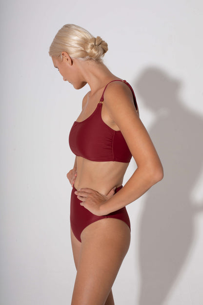 red bandeau top in wine color, classic and timeless designs by koraru swimwear, ethical bathing suit brand, flattering designs