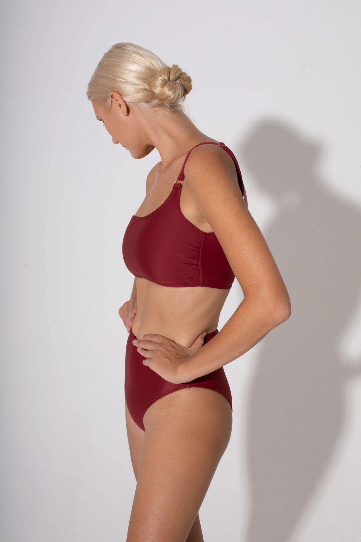 Annie One Shoulder Bandeau Bikini Top in burgundy by Kōraru