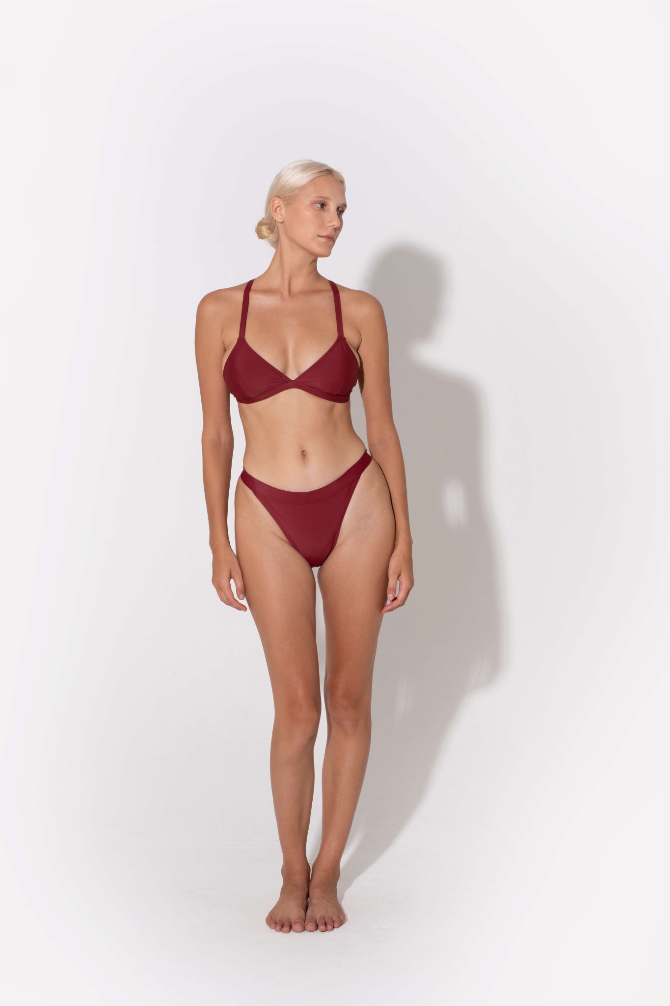 Hedy triangle bikini top in burgundy from luxury sustainable swimwear brand Koraru econyl swimwear