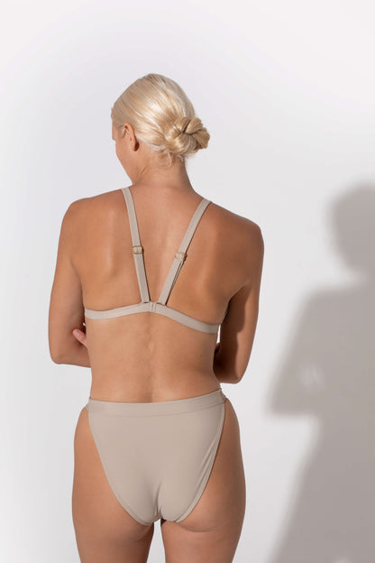 Hedy triangle bikini top in beige from luxury sustainable swimwear brand Koraru sustainable swimwear