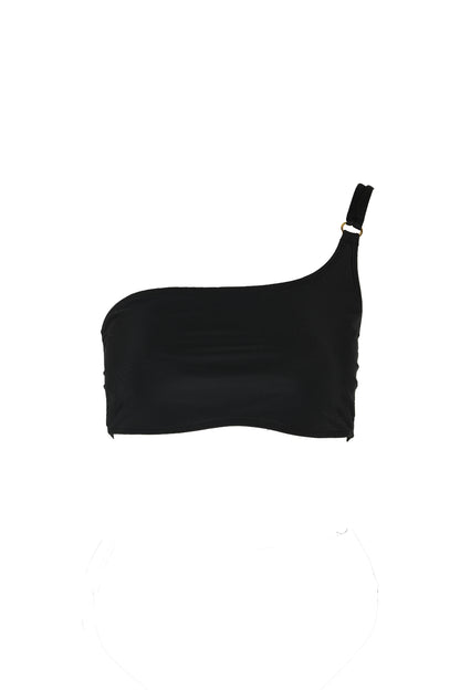 Annie one shoulder bandeau bikini top in black from sustainable luxury swimwear brand Koraru
