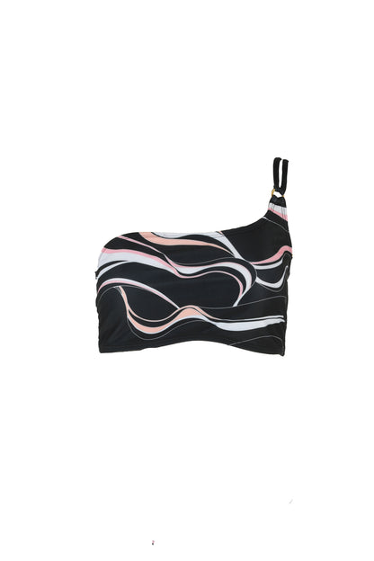 Annie one shoulder bandeau bikini top in coral print from sustainable luxury swimwear brand Koraru