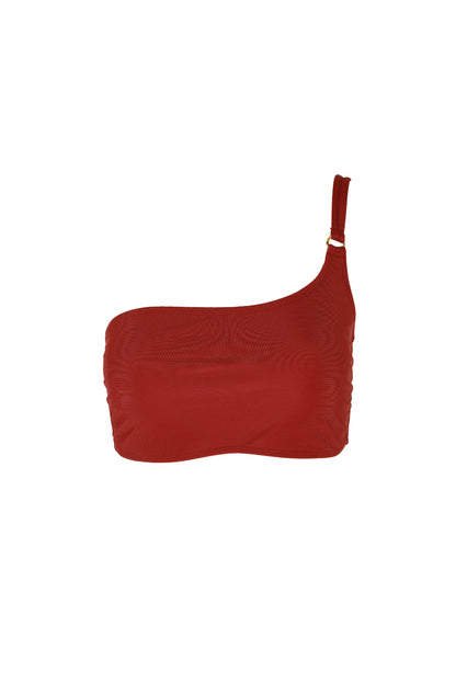 Annie one shoulder bandeau bikini top in burgundy from sustainable luxury swimwear brand Koraru