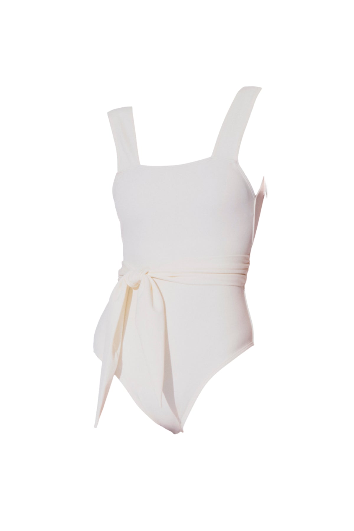 Chikyu belted one piece swimming suit in white from luxury sustainable swimwear brand Koraru