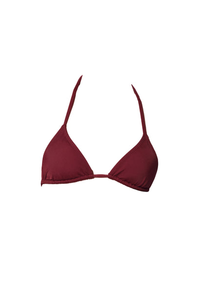 Burgundy red triangle bikini top tie bikini top ethical swimwear luxury swimsuits koraru